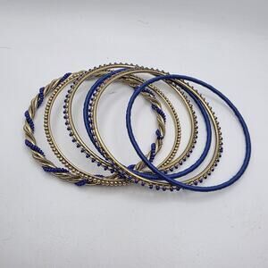 Set of 6 Blue & Gold Tone Bangles Boho Beaded Stack Bracelets 3"